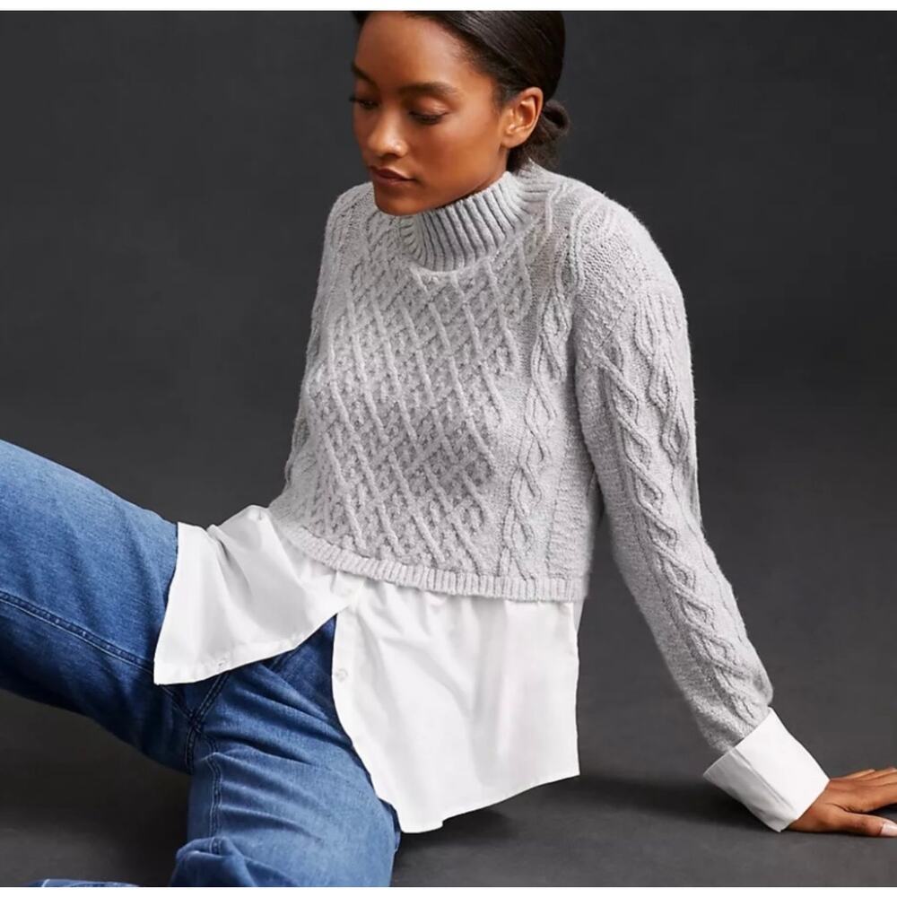 Maeve Anthropologie NWOT Gray Cable-Knit Layered Crewneck Overlay Button Sweater